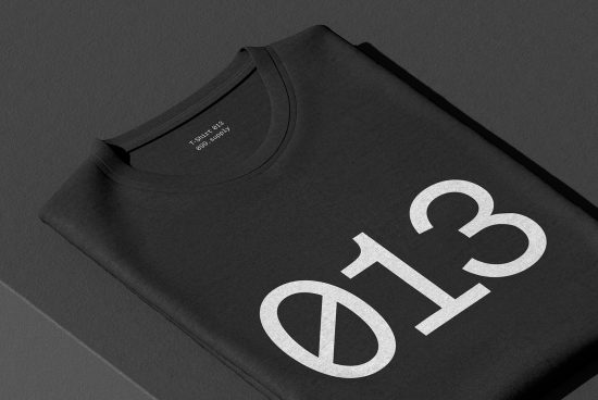 Black t-shirt mockup featuring bold white numbering for product display, ideal for designer apparel presentations.
