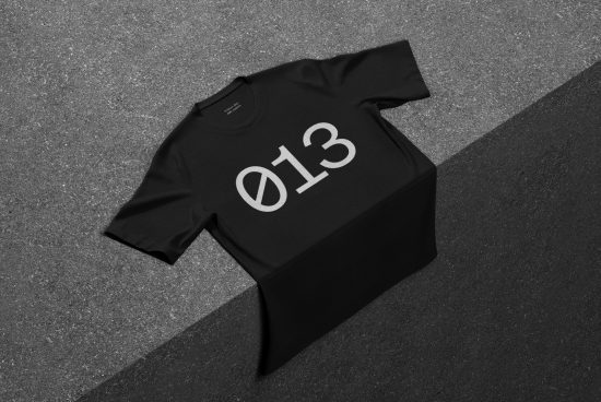 Black t-shirt mockup with white number 013 graphic design, presented on textured surface for fashion and apparel presentations.
