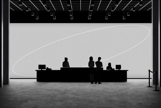 Silhouette of people at modern reception desk with elegant design, monochrome reception area mockup, minimalist architectural space for graphic design.