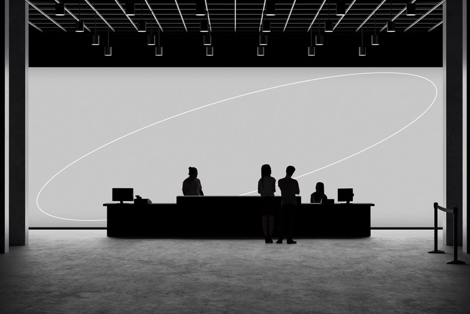 Silhouette of people at modern reception desk with elegant design, monochrome reception area mockup, minimalist architectural space for graphic design.