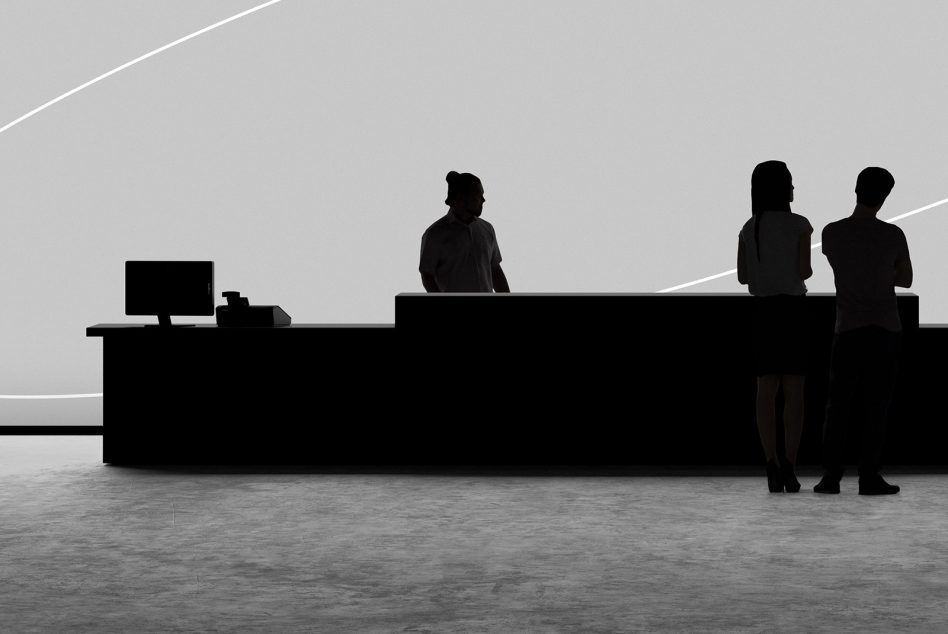 Silhouetted people at reception desk scene, minimalistic design, modern office mockup for presentation, professional lighting, graphic template.