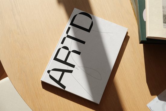 Magazine cover mockup on a wooden table with natural light shadow, showcasing bold font design, perfect for presenting graphic templates.