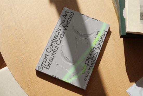 Book cover mockup lying on a wooden desk with natural light casting shadows, ideal for presenting book designs and graphics.