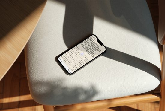 Smartphone on chair with screen on displaying text, sunlit room, mockup for app design presentation, digital asset for graphic designers.