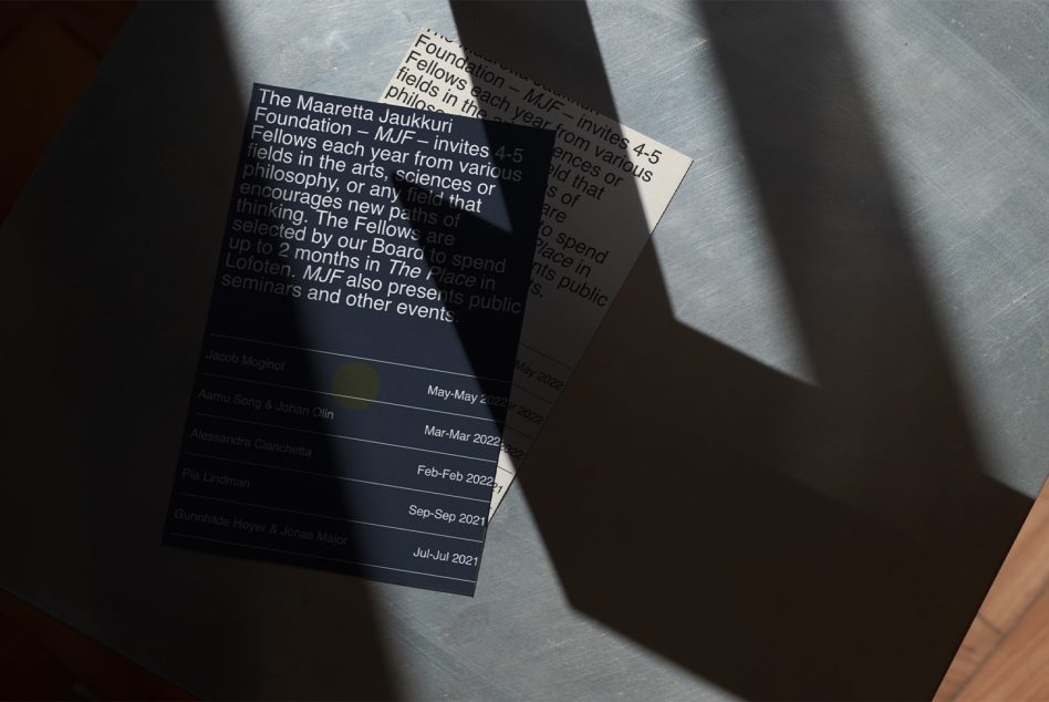 Dark navy cards with white text about foundation fellows program, layered with dramatic shadows