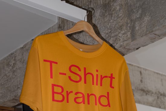 Yellow t-shirt mockup on wooden hanger with bold red text design, suitable for fashion branding presentations and graphic display.