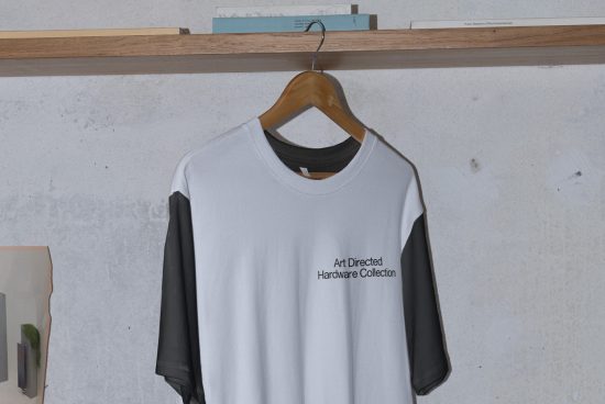 T-shirt mockup on wooden hanger against concrete wall, ideal for fashion design presentation, apparel graphic display.