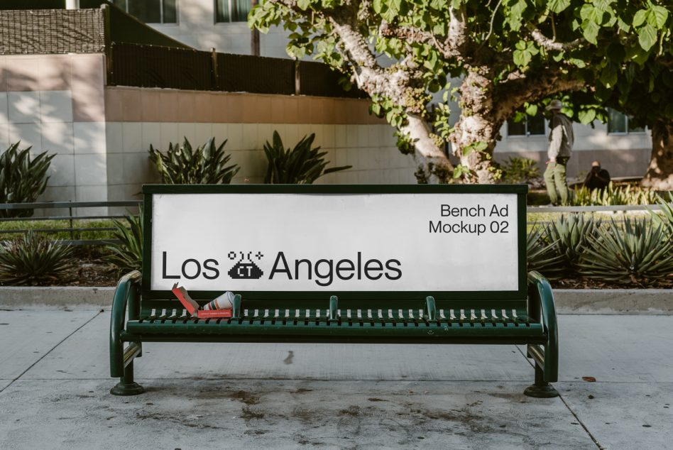 Bench ad mockup with gradient blue to orange stripe showing Los Angeles text