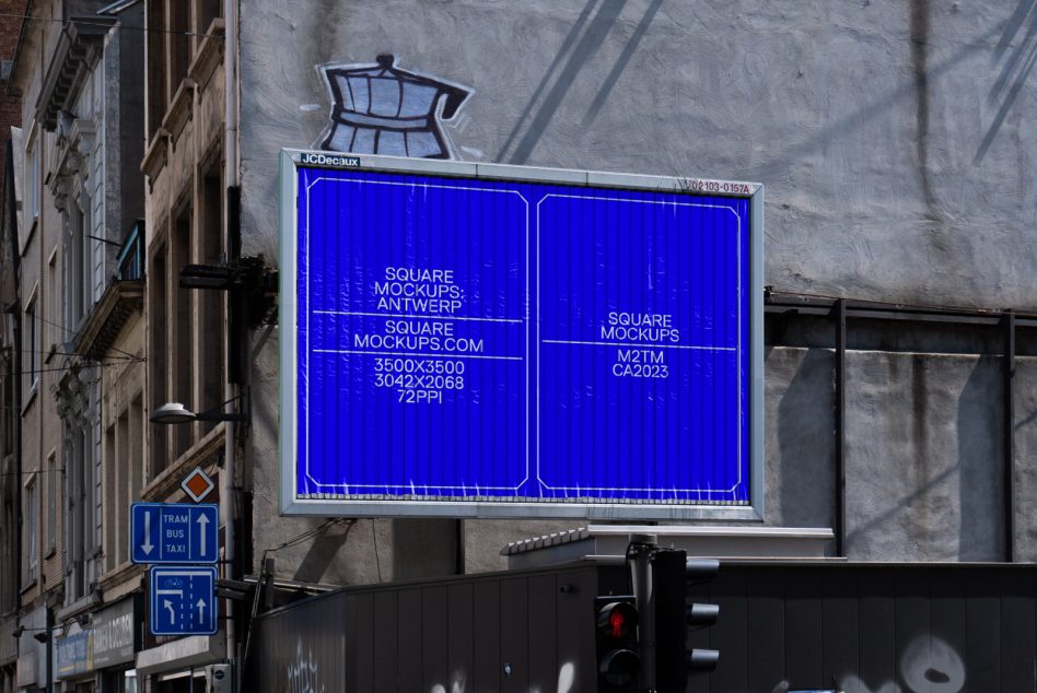 Bright blue neon billboard with two panels showing square mockup specs on concrete wall