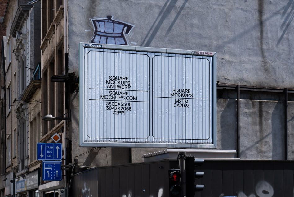 Two-panel corrugated metal billboard mockup mounted on urban street building