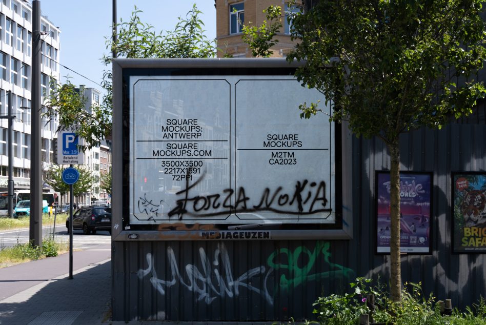 Double-panel street billboard mockup on urban sidewalk Antwerp location