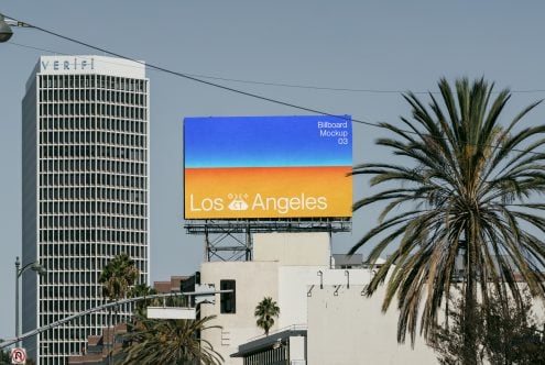 Vibrant blue-to-orange billboard displaying Los Angeles with downtown LA skyline