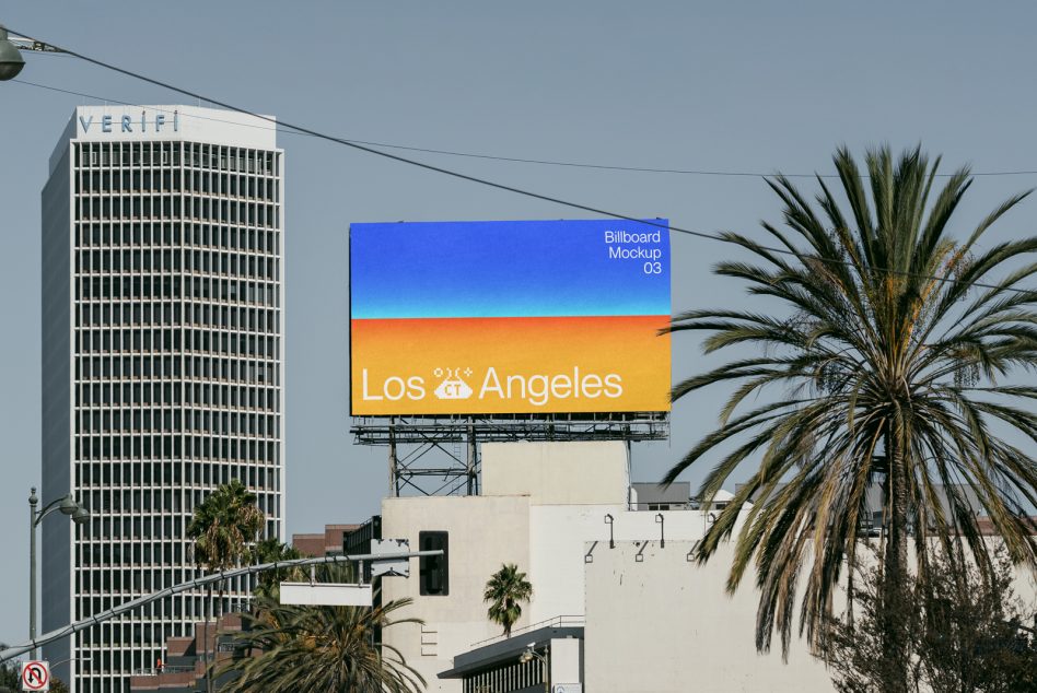Vibrant blue-to-orange billboard displaying Los Angeles with downtown LA skyline