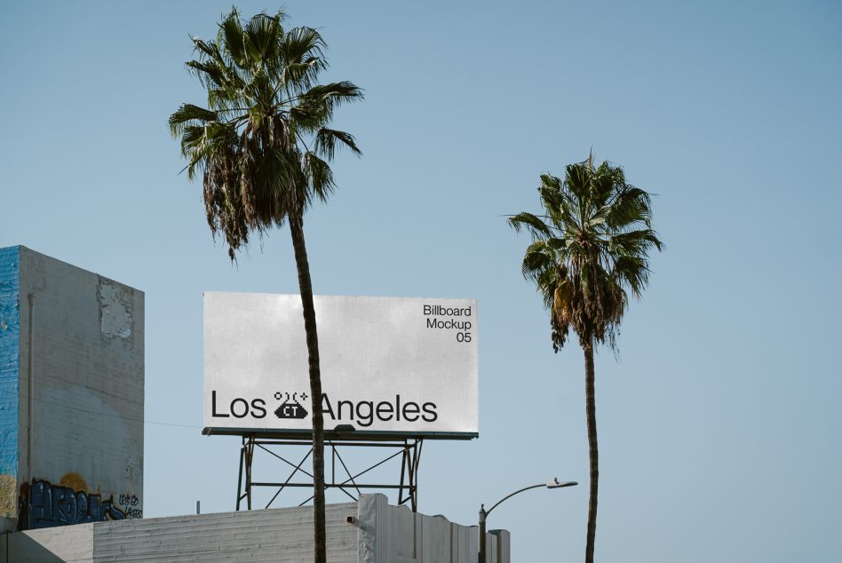 White billboard mockup with Los Angeles text framed by palm trees