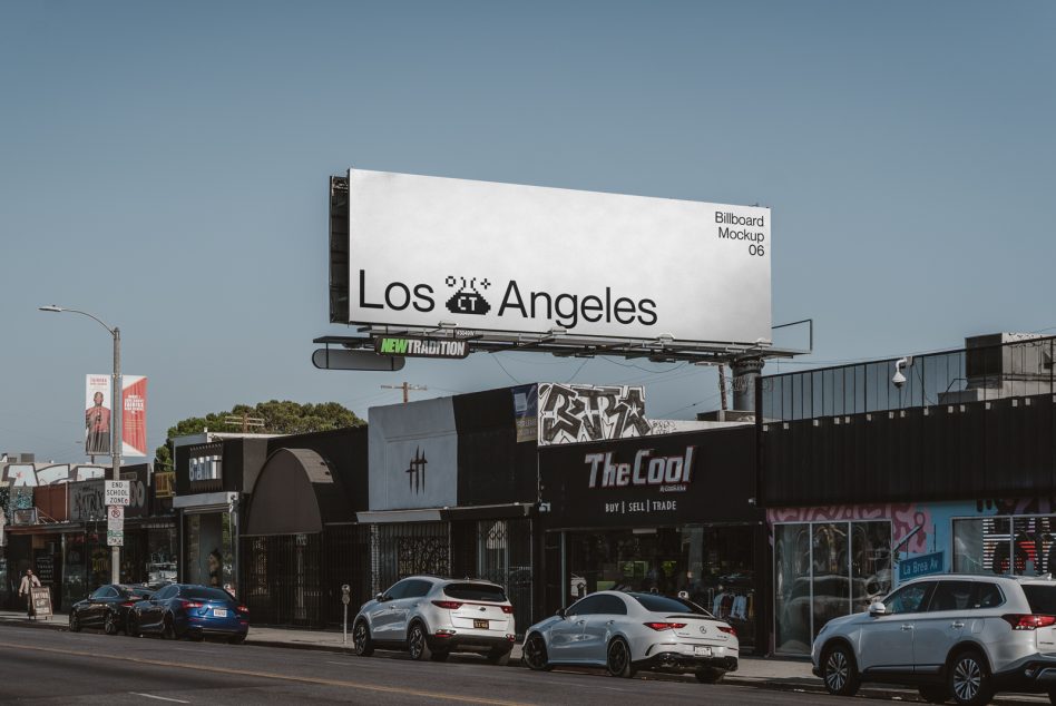 White billboard mockup with Los Angeles text overlooking street-level shops below