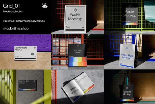 Collage of diverse print and packaging mockups, featuring posters, cards, books, and bags for realistic design presentations.