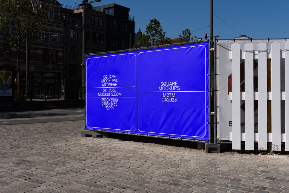 Vibrant blue neon hoarding mockup in public square during daylight