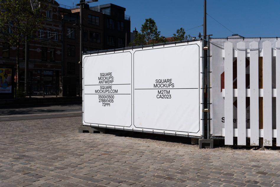 Large white outdoor hoarding mockup in town square plaza area