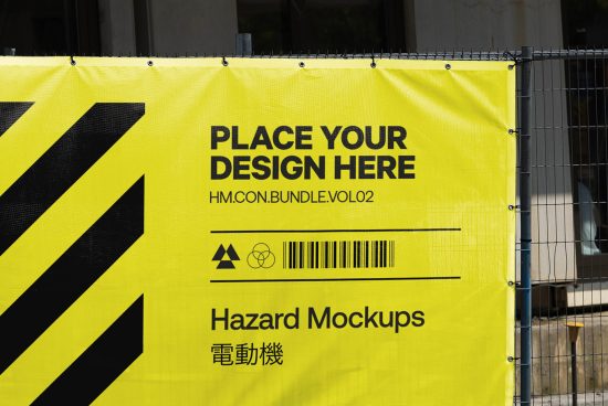 Editable hazard sign mockup, construction fence banner with text placeholder, graphic design, urban setting.