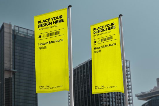 Urban street banner mockup templates displayed on poles with customizable design space in a city environment, perfect for designers.