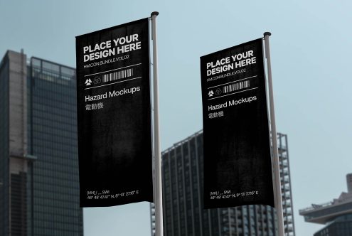 Vertical banner mockup on city street poles for outdoor advertising, editable design space, urban environment, designer assets.