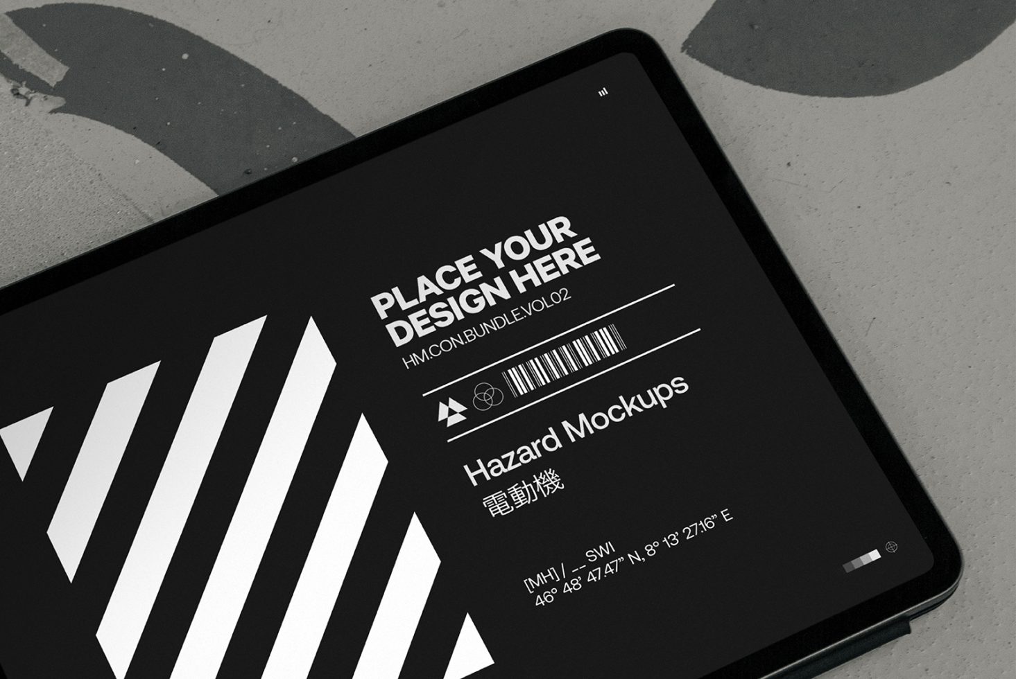 Tablet screen mockup on a textured surface showcasing editable design space for presenting graphic work, user interface designs, and digital assets.