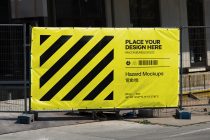 Neon yellow barrier fence banner with bold black diagonal stripe pattern