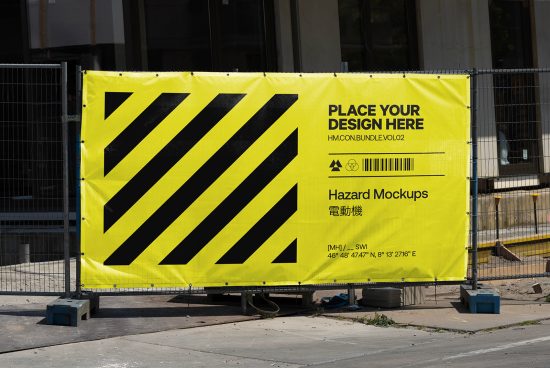 Yellow construction billboard mockup for outdoor advertising in an urban setting, editable design space, perfect for designers to showcase work.