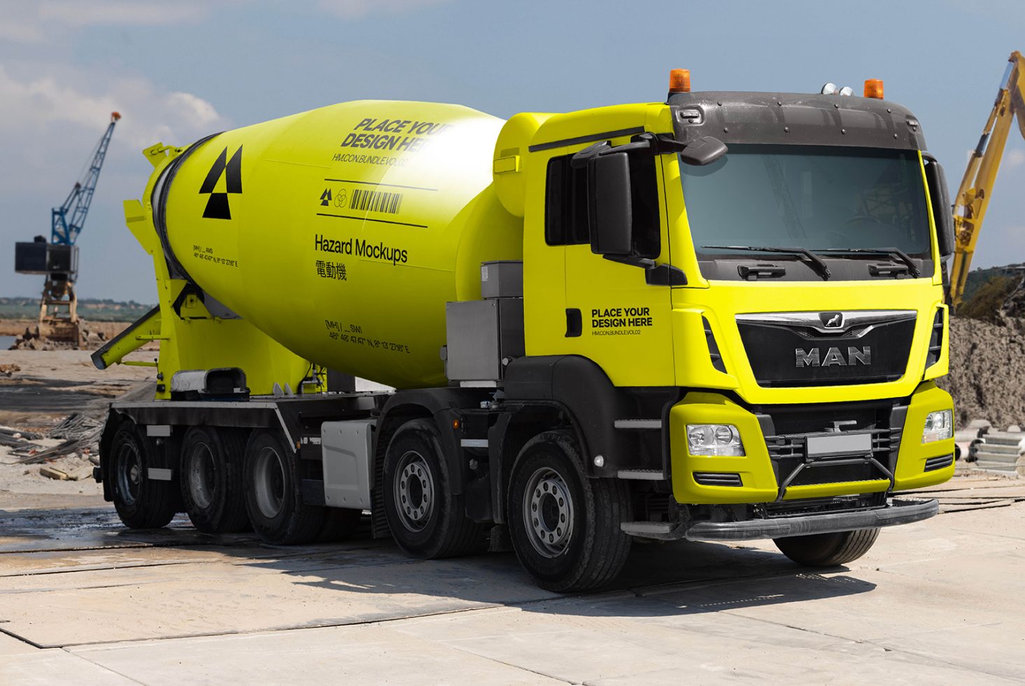 Yellow concrete mixer truck mockup with editable design space, displayed on a construction site. Ideal for branding and vehicle design graphics.