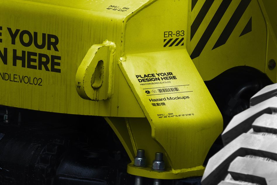 Industrial equipment mockup showing placeholder for design on yellow machinery, ideal for branding with clear space for logo or text.