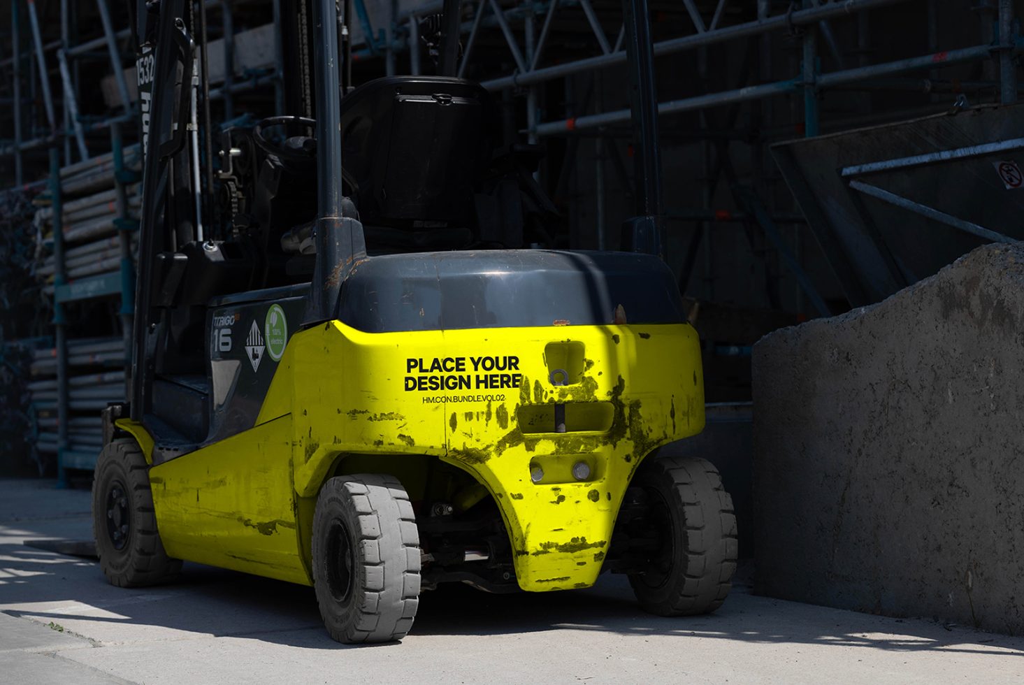 Industrial forklift mockup with editable design space, realistic construction site background, suitable for vehicle branding graphics.