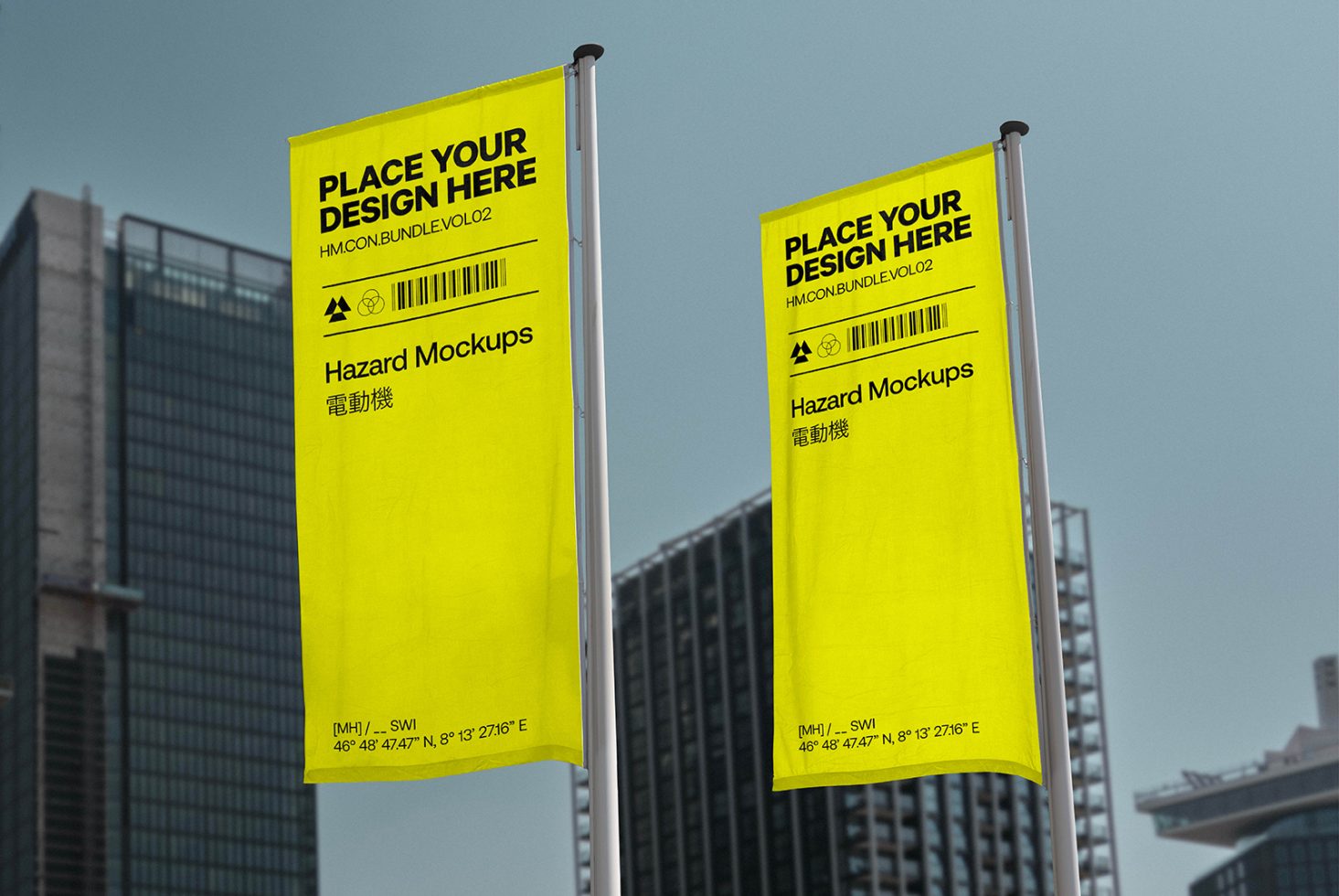 Urban flag banner mockups on poles with editable design space against cityscape, ideal for branding and advertising designs.