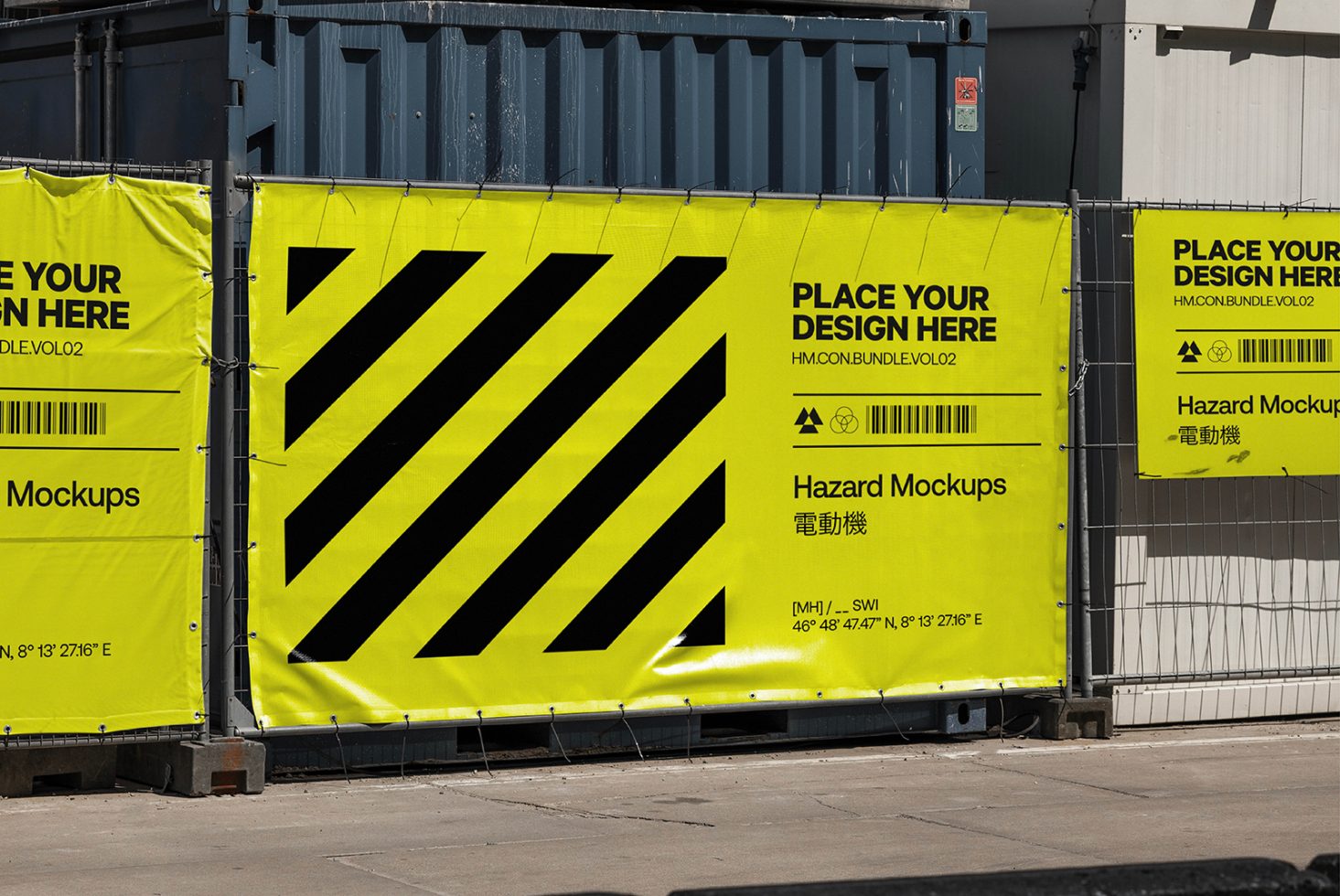 Bright yellow construction site mockup banners with editable design space and diagonal black stripes, perfect for urban design presentations.