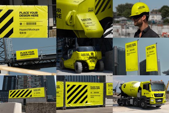 Industrial safety hazard mockup templates for design showcasing, including banners, signs, and worker helmet in a construction setting.