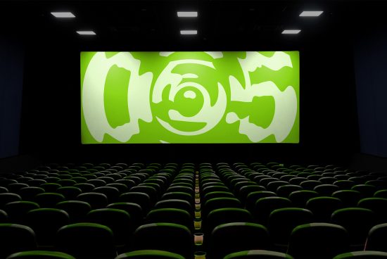 Cinema theater with empty green seats facing a large screen with a vibrant lime-colored abstract graphic, perfect for mockup display advertising.