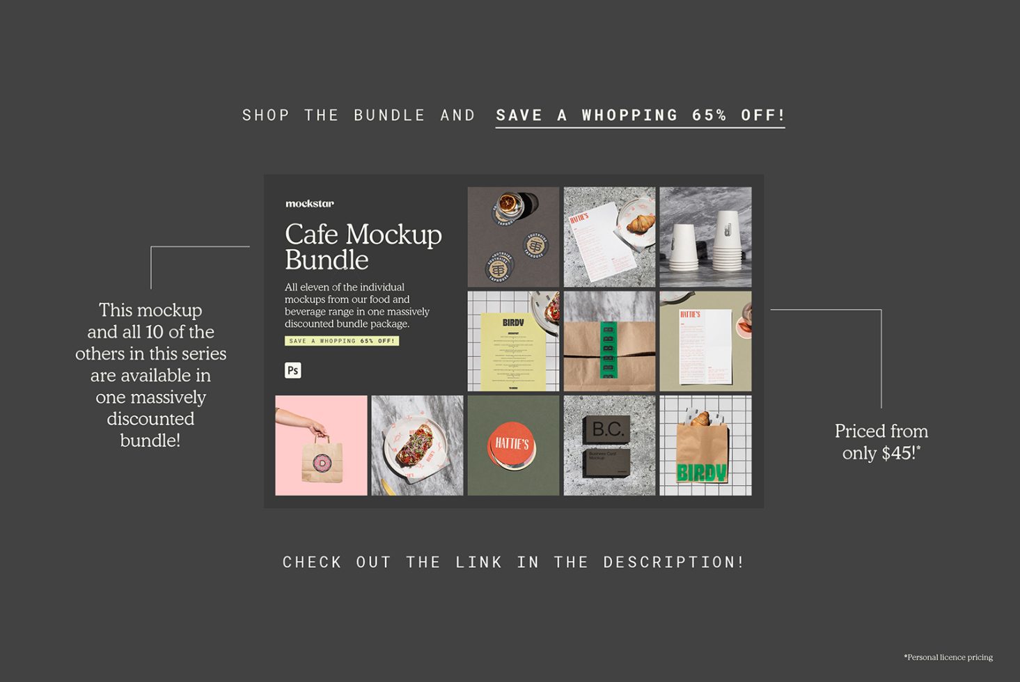 Cafe Mockup Bundle ad featuring various food and drink branding elements, ideal for graphic design and menu presentation, 65% off.