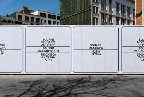 White outdoor billboard mockups in urban plaza with historic buildings