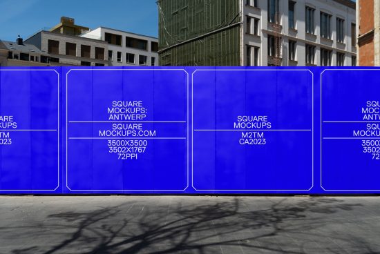 High resolution blue square billboard mockups against urban buildings, ideal for designers to display advertising graphics, 3500x3500 px.