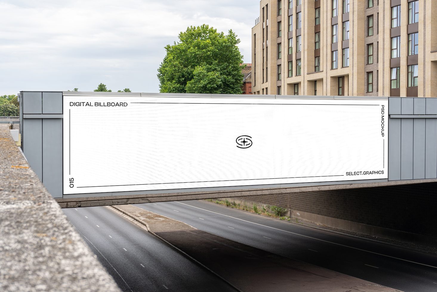 Blank digital billboard mockup on overpass in urban setting for advertising design presentation, clear day, editable designer template.