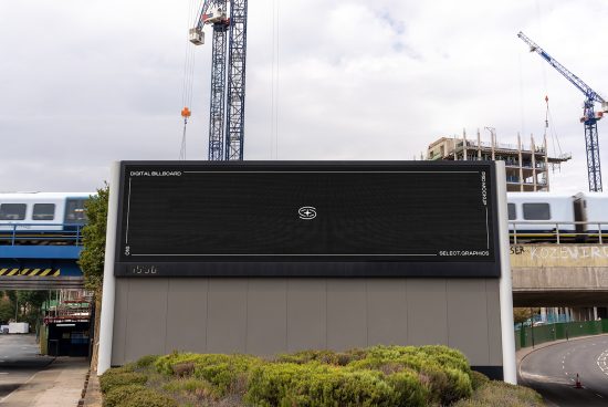 Blank digital billboard mockup in urban setting with train and construction background, ideal for designers to display ads or graphics.