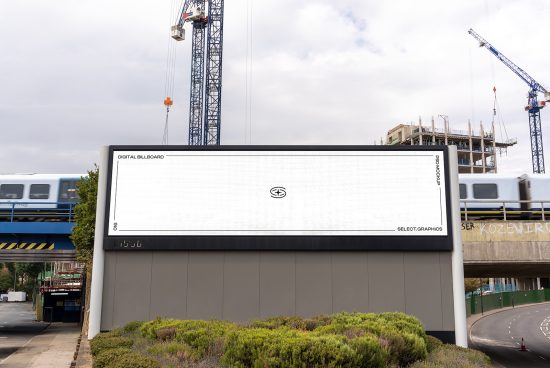 Urban digital billboard mockup near construction site with train passing by, clear for branding designs, templates, advertising space.