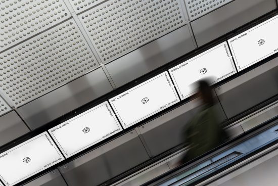 Digital screen mockup series with blurred person on escalator, ideal for dynamic advertising design presentations.