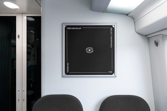 Poster frame mockup in train interior, modern design, clear and editable mockup for designers, ideal for presentations and advertising.