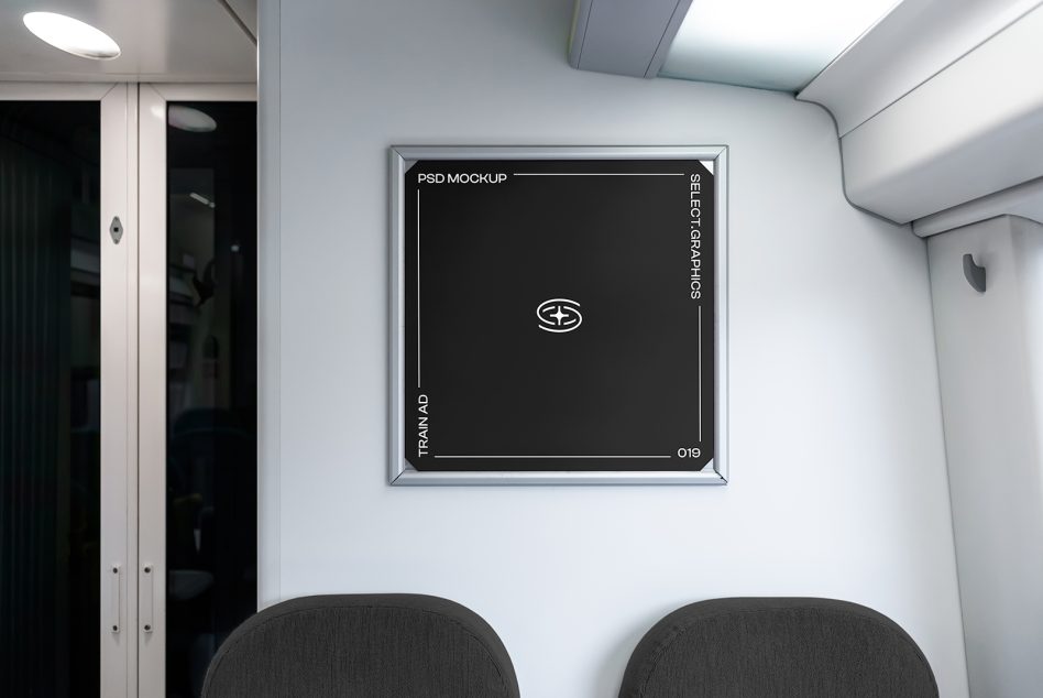 Dark background poster frame mockup mounted on clean interior space wall