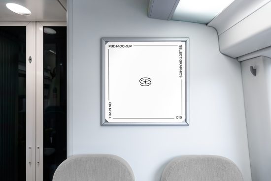 Modern train interior featuring a wall-mounted poster frame mockup, ideal for advertising design presentations for transport-related graphics.