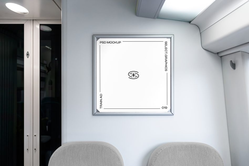 Framed poster mockup on white office wall with minimalist logo layout