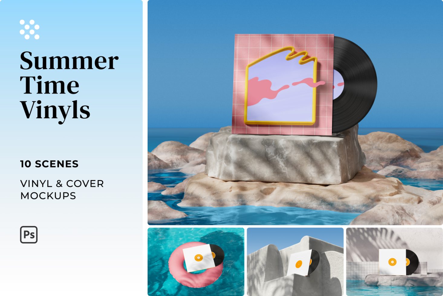 Creative vinyl record and cover mockups for summer themes with stone and water elements, ideal for showcasing music & audio artwork.