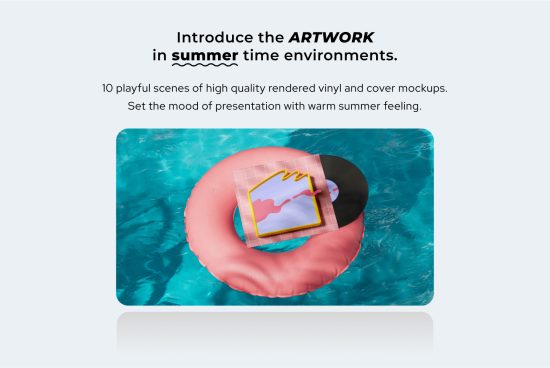 Vinyl record mockup on pink float in pool, summer-themed design asset for presentations and portfolios, ideal for graphic designers.