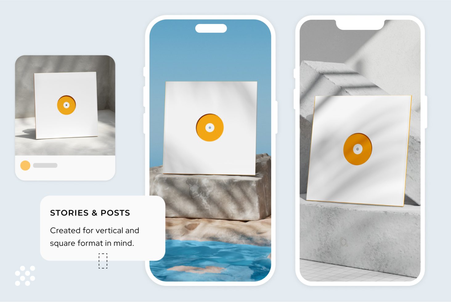 Creative mockup templates for social media stories and posts in vertical and square formats, framed against abstract backgrounds.