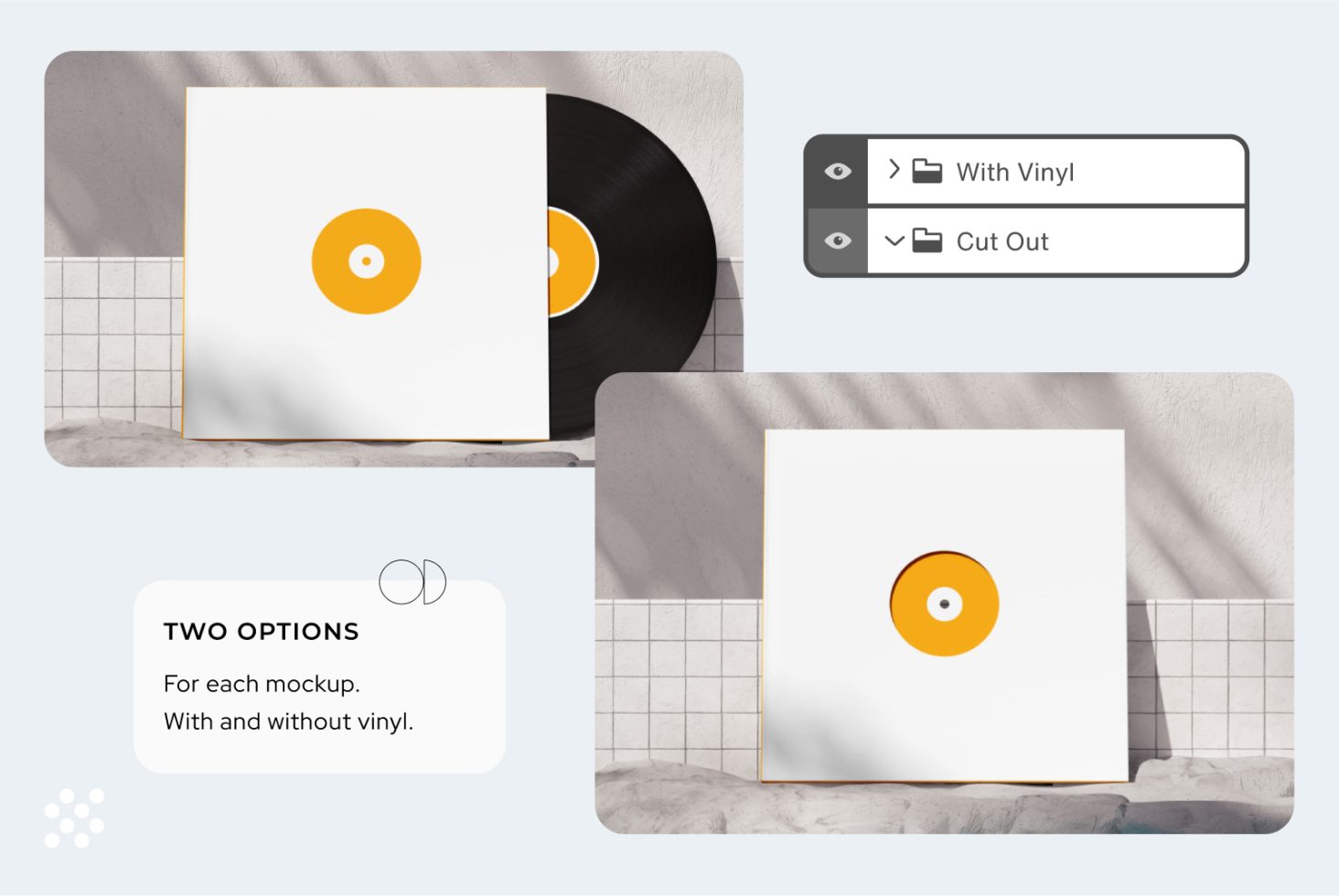 Vinyl record cover mockup on marble surface, showing customizable design options, perfect for graphics presentation for designers.